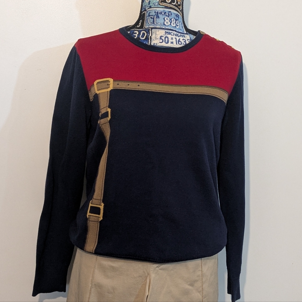 Ralph Lauren Vintage Equestrian Nautical Belt Buckle Print Knit Sweater